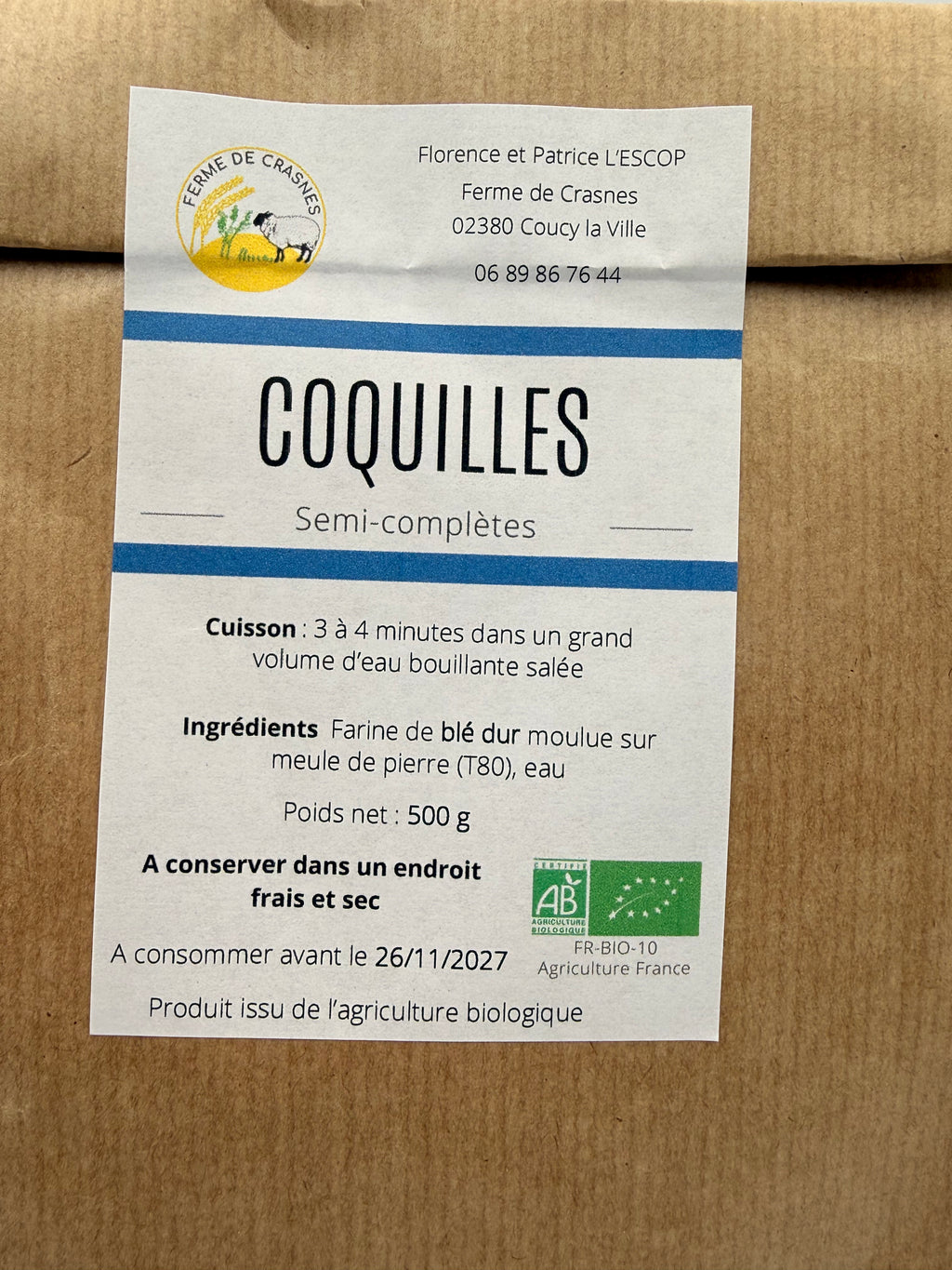 Pâtes Coquilles  BIO - Aisne -Picardie