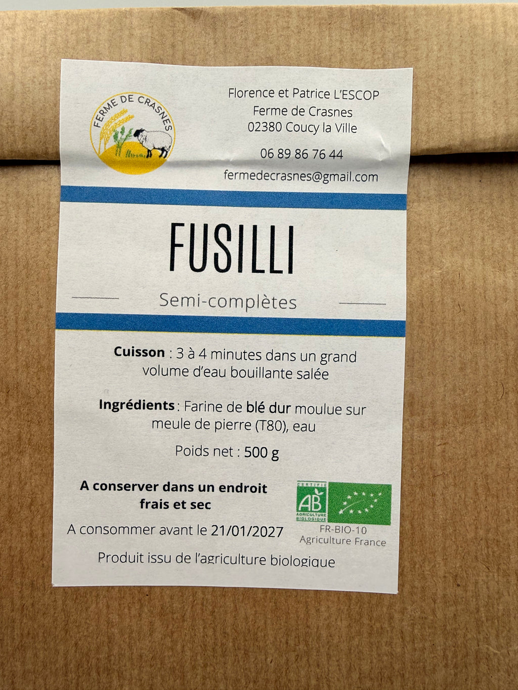 Pâtes Fusilli BIO - Aisne -Picardie